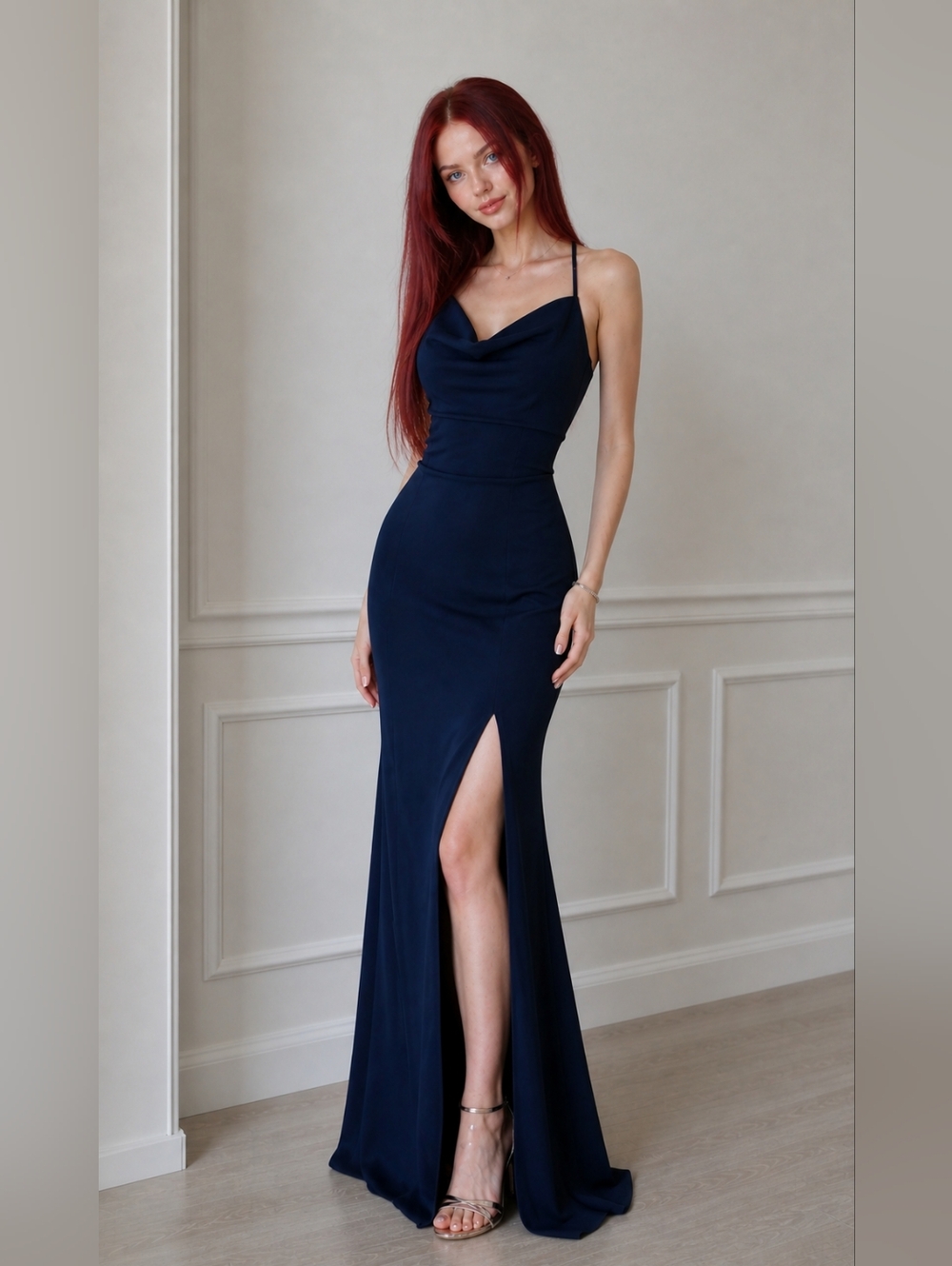 After Six Midnight Navy One Shoulder Cowl Neck Maxi Dress 12R Formal Prom